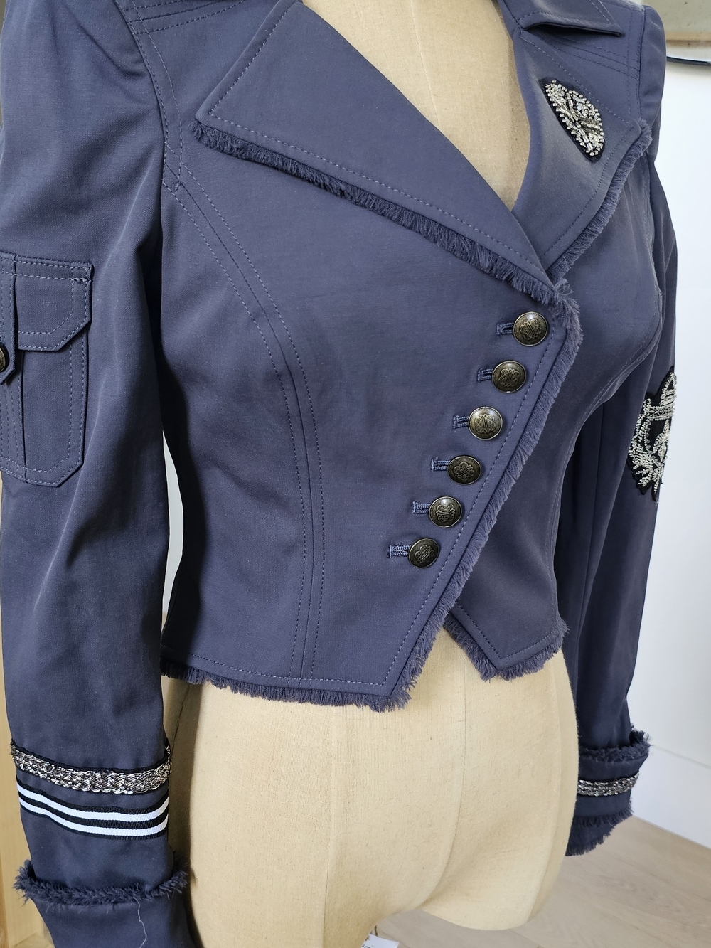 bebe Dark Blue Cropped Military-Inspired Embroidered Blazer with Buttons